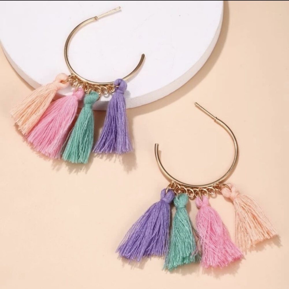Colorful Boho Tassel Cuff Hoop Earrings - Picture 4 of 4
